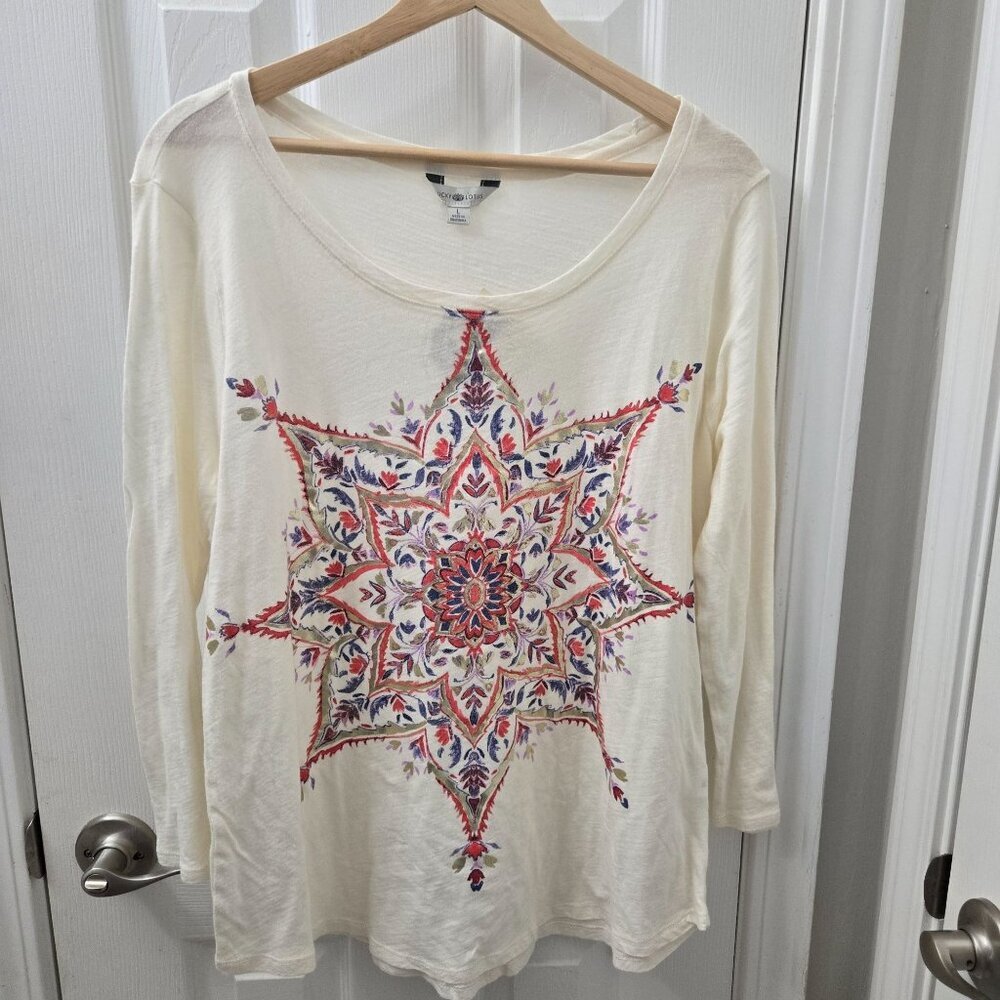 Lucky Brand Lotus Top Womens Large Cream Colorful Metallic‎ Mandala Boho Casual